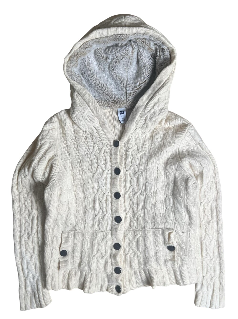 Gap Sweater Womens XXL White Hooded Cable-Knit Pullover Lined Fur Trim